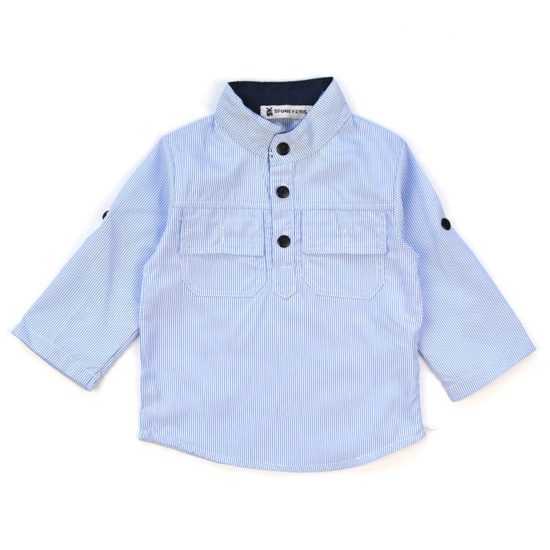 Children Boy Co Ord Striped Shirt Denim Back Pants 3 Piece Set