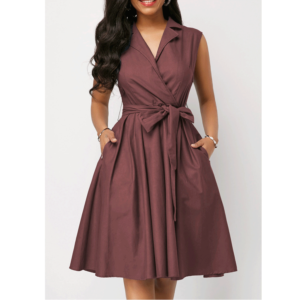 Cocktail Attire for Women Sleeveless Lapel Tied A- line Dress