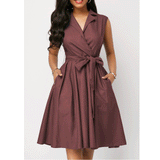 Cocktail Attire for Women Sleeveless Lapel Tied A- line Dress