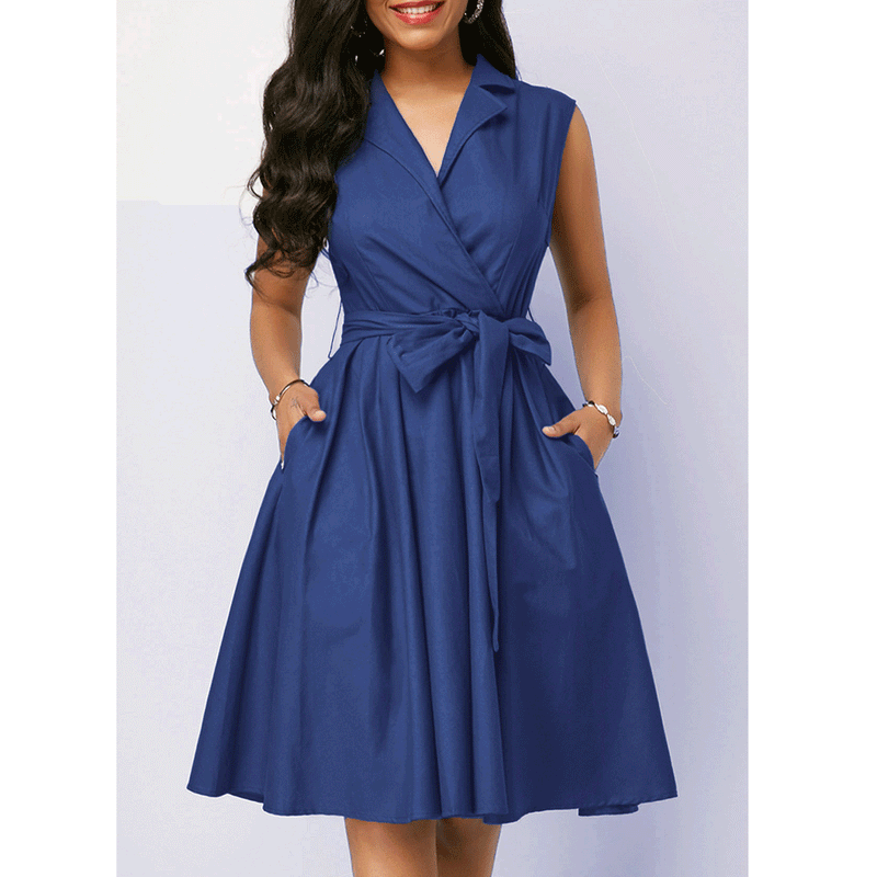 Cocktail Attire for Women Sleeveless Lapel Tied A- line Dress