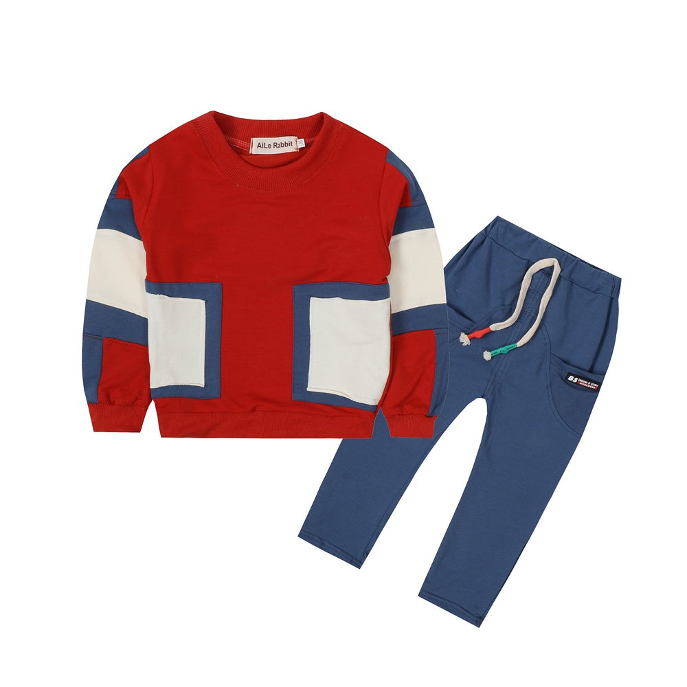 Children Boy Co Ord 2 Piece Set Children's Suit Stitching Patch Sweater Two-Piece Set