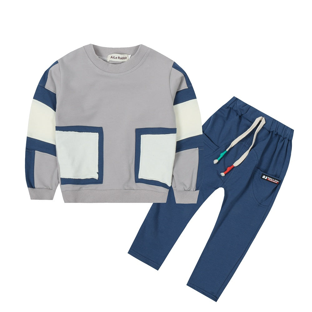 Children Boy Co Ord 2 Piece Set Children's Suit Stitching Patch Sweater Two-Piece Set