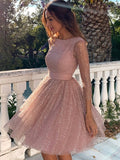 Shiny Pink cute Homecoming Dresses Long Sleeves Open Back Short Prom midi Dresses