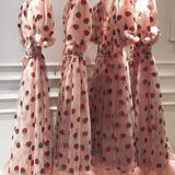 Pink  Strawberry Dress Cottagecore Midi Dress Prom Dress Aesthetic Fairycore Dress