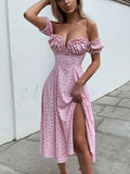 Sexy Slit Off-the-Shoulder Ditsy Tube Dress Cottagecore Aesthetic Dress