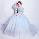 Women'S Evening Dress Ball Gown Princess Quinceanera Dresses Blue Long Sleeved Court