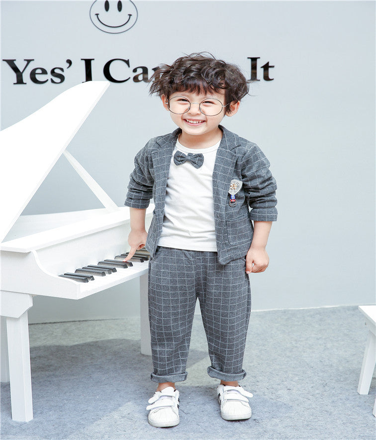 Children Boy Co Ord 2 Piece Set Fashion Plaid Badge Butterfly