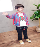Children Boy Co Ord Fashion Boys Plaid Coat T-shirt Pants Cartoon Beetle 3piece Set