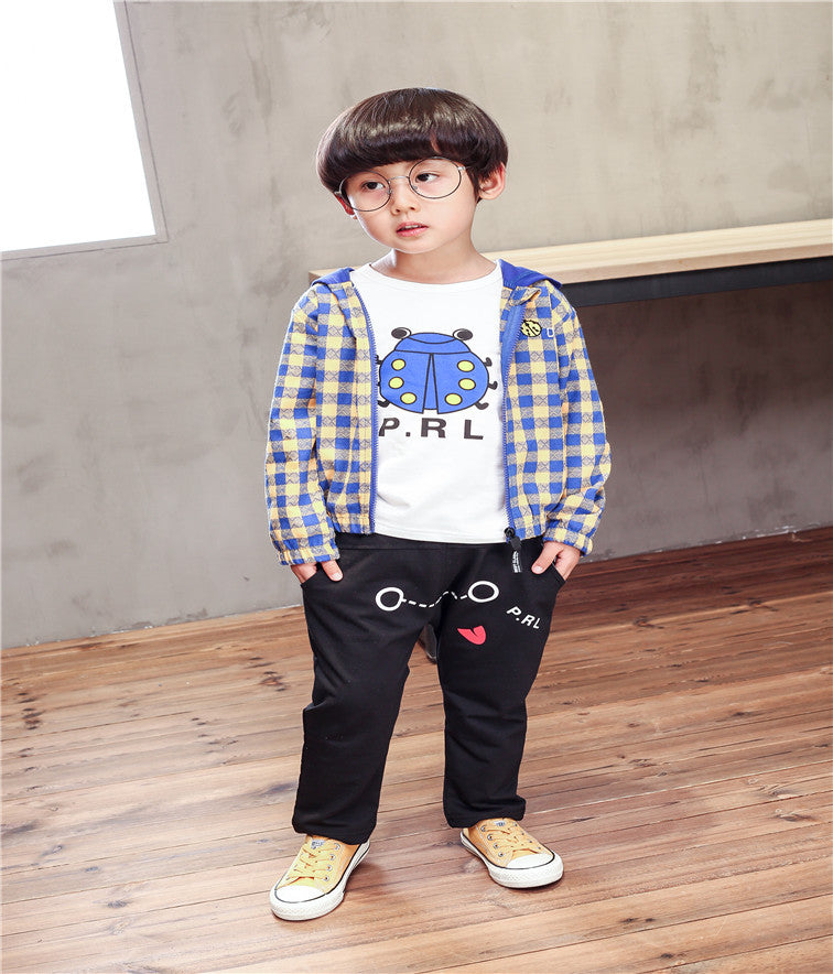 Children Boy Co Ord Fashion Boys Plaid Coat T-shirt Pants Cartoon Beetle 3piece Set