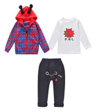Children Boy Co Ord Fashion Boys Plaid Coat T-shirt Pants Cartoon Beetle 3piece Set