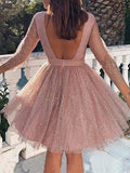 Shiny Pink cute Homecoming Dresses Long Sleeves Open Back Short Prom midi Dresses