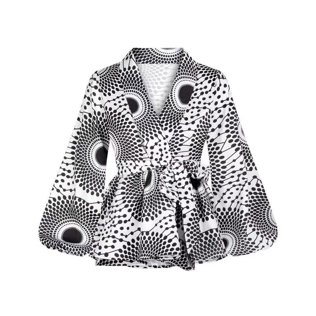 90S Fashion African Style Digital Printing Cardigan Bandage Women Lantern Sleeve V-neck Coat