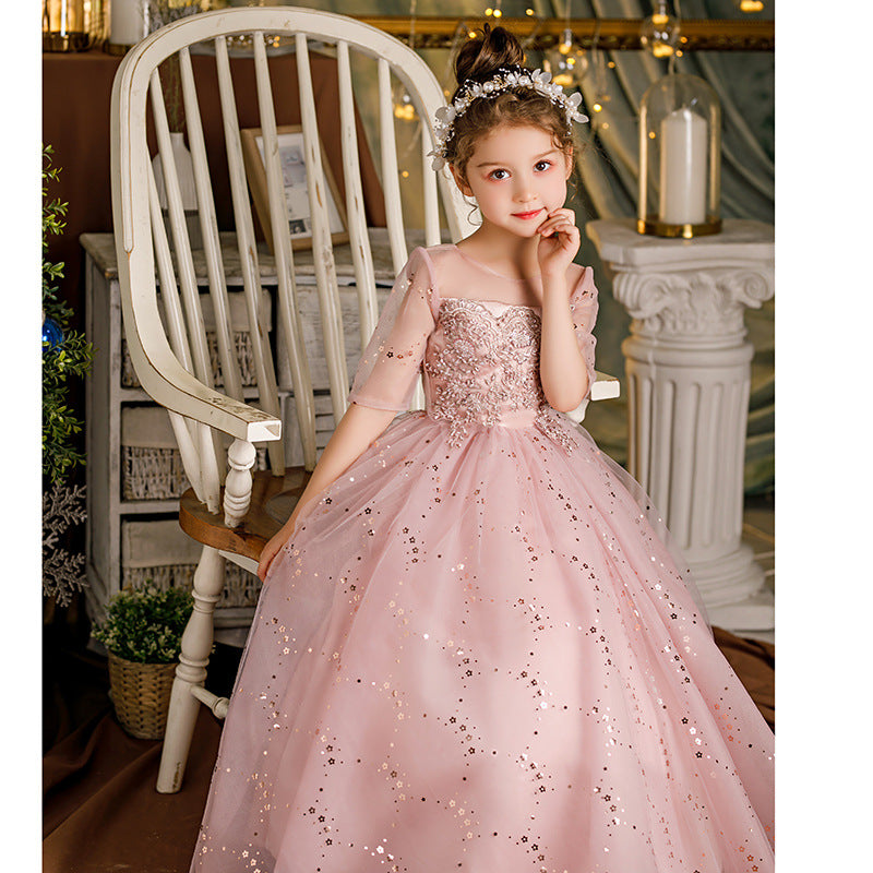 Princess Charlotte Flower Girl Dress Princess Pink  Dress Costume for Piano Performance Host