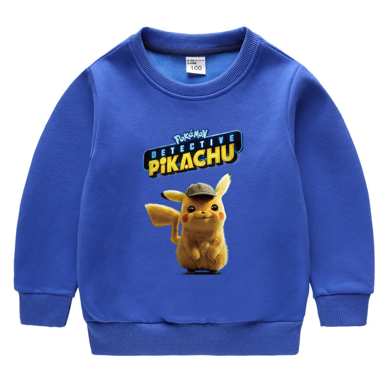 Children Pokemon Pikachu Hoodie Children's Fleece-Lined Sweater Boys' Fleece-Lined Autumn and Winter Clothes Baby Pikachu