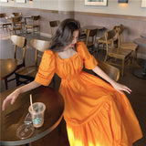 Burnt Orange Dress Summer Puff Sleeve Waist-Slimming Long Dress Women