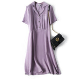 Mauve Dress French Style Vintage Suit Collar Silk Dress Women 'S Mulberry Silk Light Purple Short Sleeve A- line Dress Summer