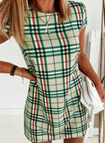 Gingham Dress Plaid Printed Slim Mid-Length Short Sleeve Dress Striped Plaid Dress