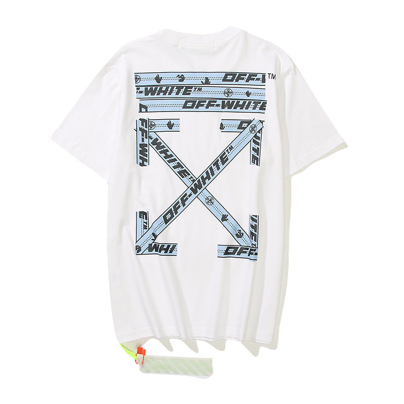 Hip Hop High Street Style Ow off Tape Warning Line Arrow Print Short Sleeve T-shirt for Men t shirt