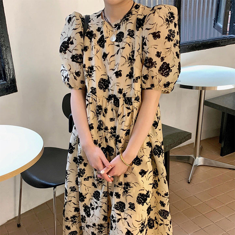 1920S Dress Floral Flocking Dress Summer round Neck Puff Short Sleeve