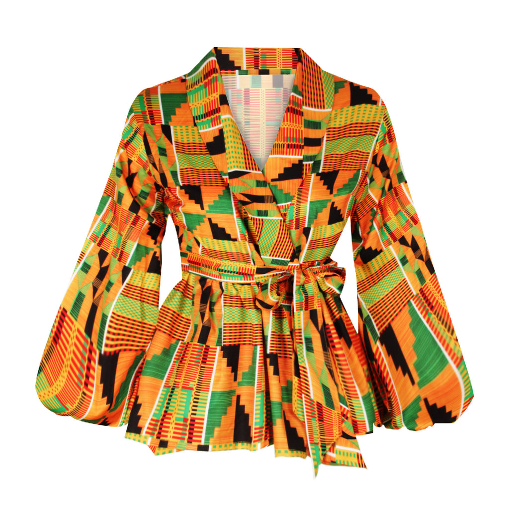 90S Fashion African Style Digital Printing Cardigan Bandage Women Lantern Sleeve V-neck Coat