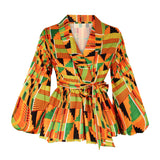 90S Fashion African Style Digital Printing Cardigan Bandage Women Lantern Sleeve V-neck Coat