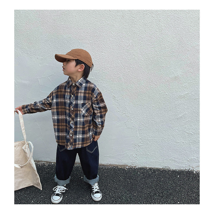Spring Tops Children's Long-Sleeved Casual Plaid Shirt