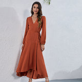 Burnt Orange Dress Autumn V-neck High Waist One Piece Fashion Irregular Dress