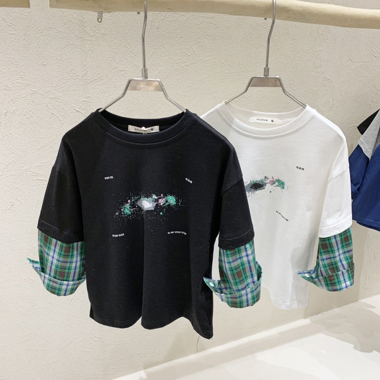 Spring Tops Color Contrast Long Sleeve T-shirt Plaid Casual Top Fashion