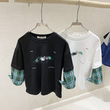 Spring Tops Color Contrast Long Sleeve T-shirt Plaid Casual Top Fashion