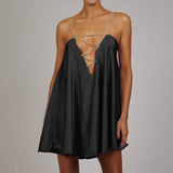 Satin Dress Loose plus Size Crystal Drill Chain Sexy Suspenders V-neck Backless Satin Dress