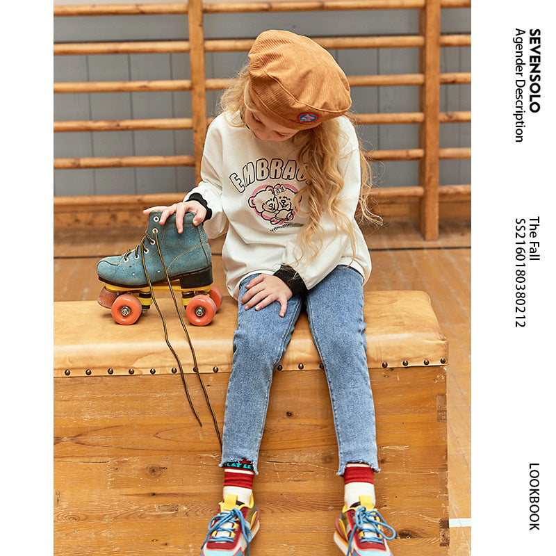 White Color Contrast Tops Children Girl's Spring Clothes