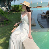 Satin Dress Beach Dress Seaside Sexy Backless Holiday Dress Long Dress Satin Suspender Dress for Women Summer
