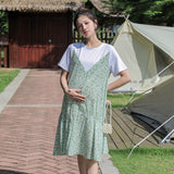Maternity Clothes Dress Summer Fashion Stitching Ruffle Loose Versatile Fake Two Pieces Short Sleeve Maternity Dress