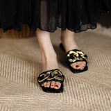 Fancy Sandals Vintage Metal Large Chain Flat Slippers Square Toe Open Toe One-Word Slippers for Outer Wear