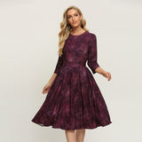 Mauve Dress Spring and Summer Dress Vintage Printed Round Neck Slim Fit Formal Mid-Length Dress