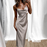 Satin Dress Summer Solid Color Strap Dress Women's Dress Sexy Hollow-out Backless Long Dress