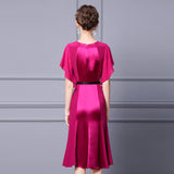 Mauve Dress Purplish Red Dress Summer Bell Sleeve Midi Fishtail Dress