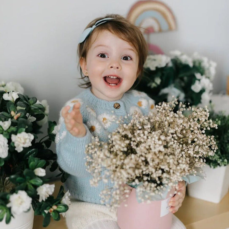 Girl Cardigan Sweaters Spring Round Neck Long Sleeve Cardigan Light Blue Solid Color Embroidered Sweater