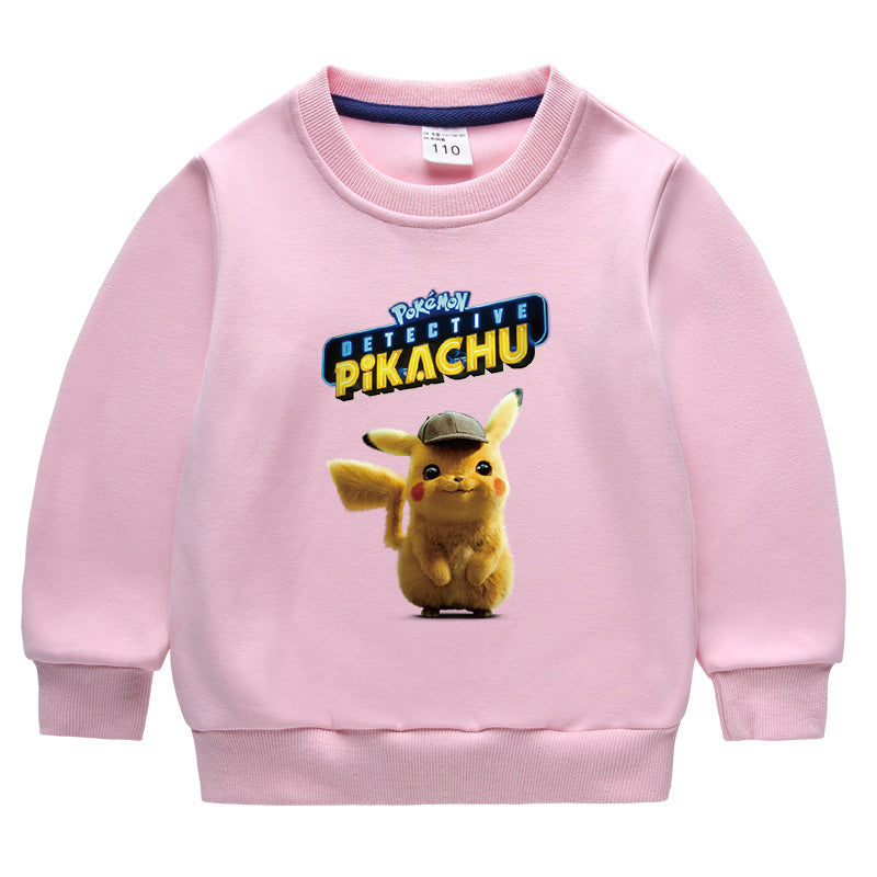 Children Pokemon Pikachu Hoodie Children's Fleece-Lined Sweater Boys' Fleece-Lined Autumn and Winter Clothes Baby Pikachu