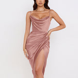 Homecoming Dresses Tight Sexy Satin Pile Collar Pleated Backless Suspender Midi Dress