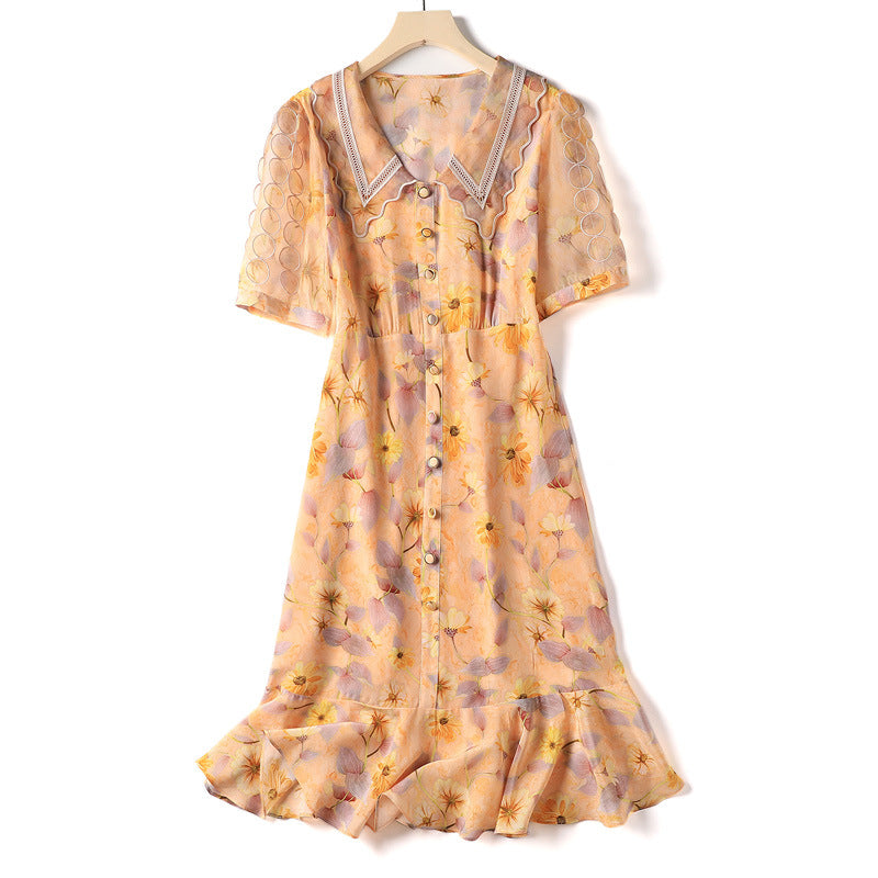 Summer Wedding Guest Dresses Vintage Hollow-out Lapel Printed Dress