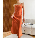Burnt Orange Dress Summer Satin Camisole Dress Women's V-neck Slim Fit