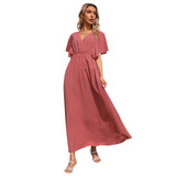 Mauve Dress Summer Short Sleeve Dress Solid Color And V-Neck Dress