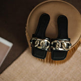 Fancy Sandals Vintage Metal Large Chain Flat Slippers Square Toe Open Toe One-Word Slippers for Outer Wear