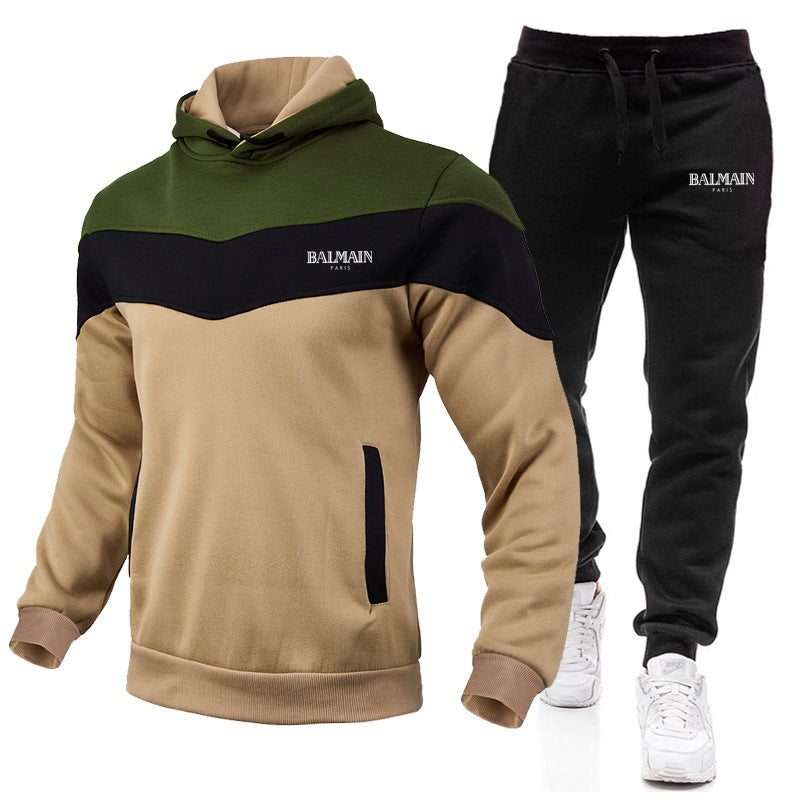 Balmain Hoodie & Sweatpant 2 Piece Set Men's Casual Patchwork Sweatshirt Hoodie Trousers Sports Suit Autumn and Winter