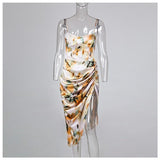 Summer Wedding Guest Dresses Printed Strap Ruffle Floral Tight Waist Split Dress