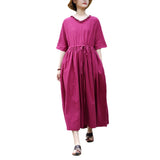 Mauve Dress Summer Pleated V-neck Distressed Mid-Sleeve Belt Wide Hem Loose Mid-Length Dress