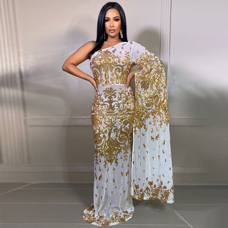 1920S Dress Embroidery Sequin Mesh Diagonal Shoulder Sexy Evening Dress
