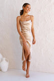 Satin Dress with Slings Glossy Stretch Satin Slit Maxi Dress