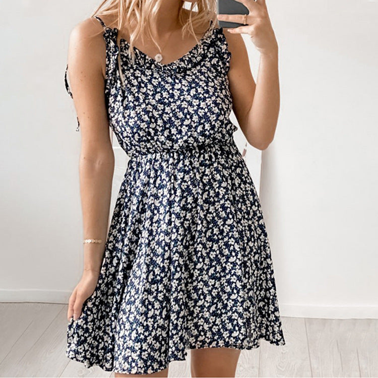 Summer Wedding Guest Dresses Spaghetti-Strap Floral Print round Neck Backless Short Sleeve Stitching Short Temperamental Dress